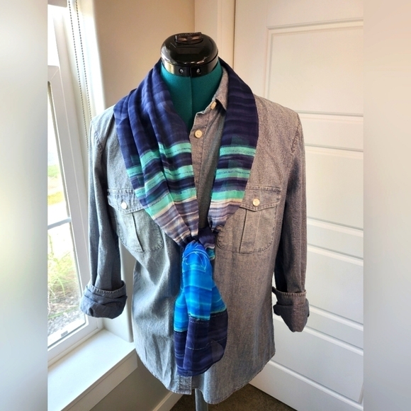 VINTAGE ECHO SHEER OBLONG SCARF NAVY BLUE PEACOCK TEAL SRIPES FLOWERS WOMEN OS - Picture 1 of 10